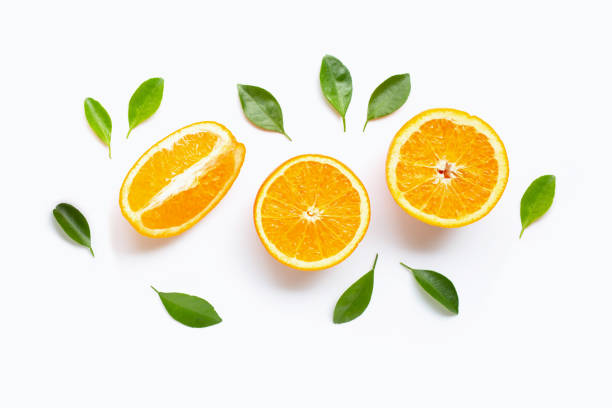 istock Fresh orange citrus fruit with leaves isolated on white background. 1176415825