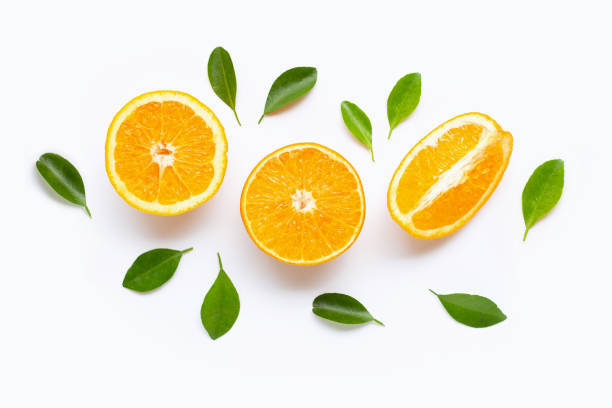 istock Fresh orange citrus fruit with leaves isolated on white background. 1176415833