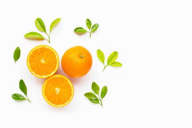 istock Fresh orange citrus fruit with leaves isolated on white background. 1176415981