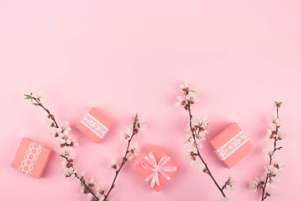 istock Flat lay with pink gift boxes and blooming cherry sakura flowers on pastel background. Birthday gift girl pink background with copy space. 1176416559