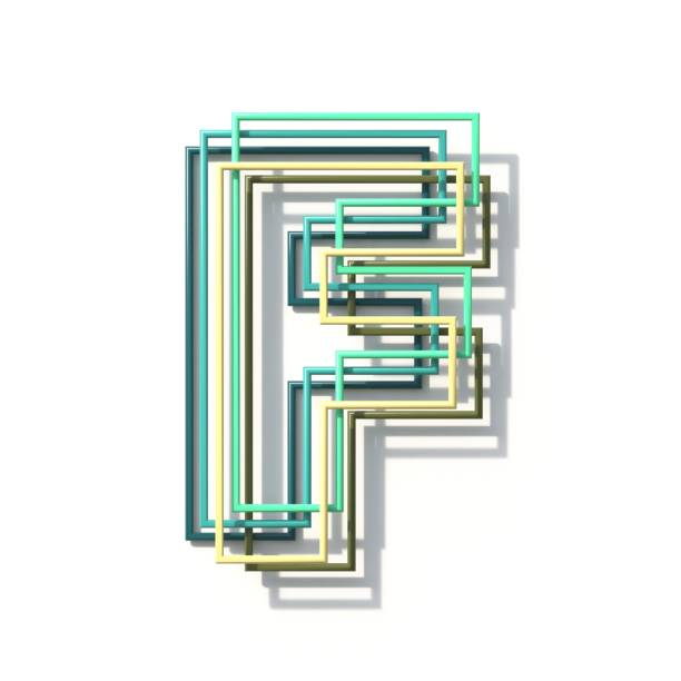 Three colors line font Letter F 3D rendering illustration isolated on white background