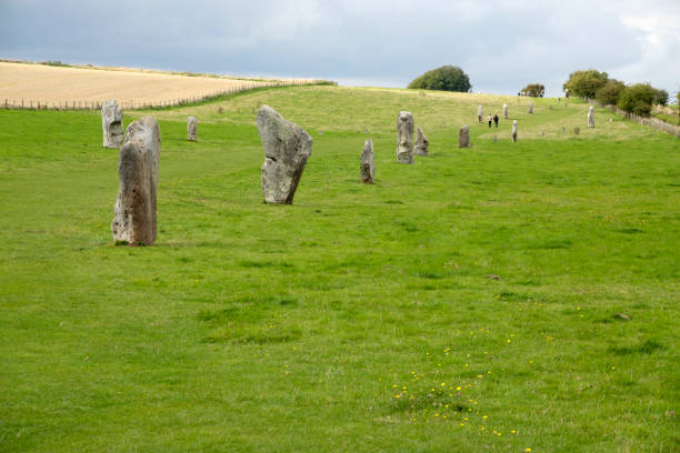 Walking in the lush grass, distant visitors walk Kennet Avenue towards the prehistoric Avebury on the Salisbury Plain in Wiltshire, England.