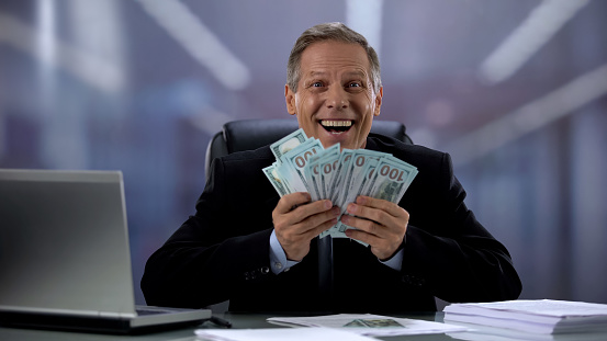Cheerful manager holding dollar banknotes, rejoicing successful profitable deal