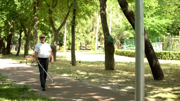 istock Blind old man detecting obstacles with white cane, walking in park independent 1176426463