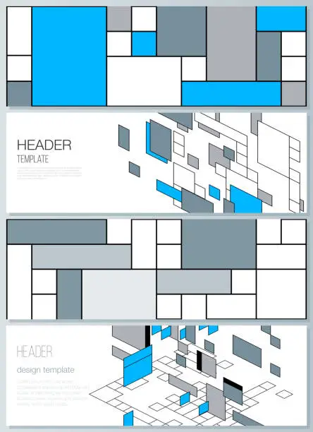 Vector illustration of The minimalistic vector illustration of the editable layout of headers, banner design templates. Abstract polygonal background, colorful mosaic pattern, retro bauhaus de stijl design.