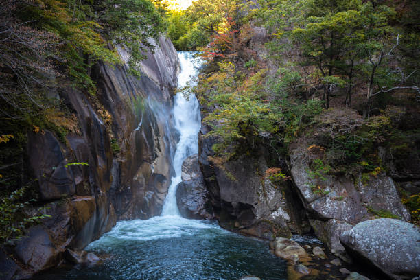 Senga Waterfall ( Sengataki ), A waterfall in Mitake Shosenkyo Gorge. Autumn foliage scenery view in sunny day. A popular tourist attractions in Kofu, Yamanashi Prefecture, Japan