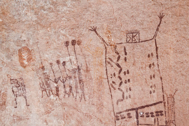 São Raimundo Nonato, PI, Brazil - February 9th, 2017: Rock painting (graphism and anthropomorfic) at Serra da Capivara National Park, a UNESCO World Heritage because its concentration of archaeological sites, hinterland Piaui State, northeast Brazil.