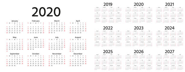 2020 Calendar. Vector illustration. Template year planner. Calendar 2020, 2019, 2021, 2022, 2023, 2024, 2025, 2026, 2027 years. Vector. Week starts Sunday. Stationery template in minimal design. Yearly calender organizer for weeks. Landscape orientation. 2019 stock illustrations