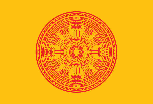 Symbol of Buddha teachings on the path to enlightenment. Dharma Wheel, Dharmachakra. Flag of Buddha Symbol of Buddha teachings on the path to enlightenment. Dharma Wheel, Dharmachakra. Flag of Buddha dharma stock illustrations