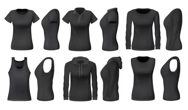 Vector illustration of Women black tank top t-shirts, sportswear mockups