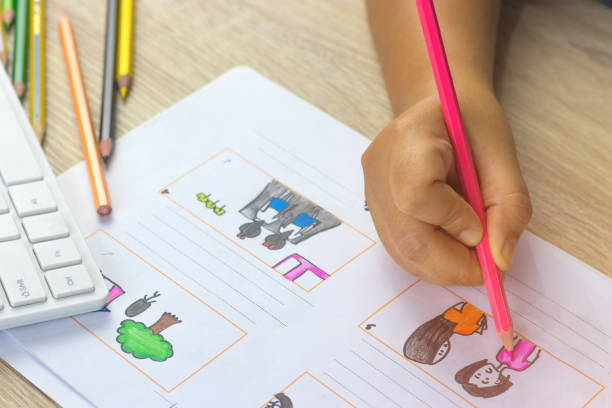 istock Storyboard drawing with pencil creative sketch cartoon. Storyboarding is process image displayed in sequence for purpose of pre-visualizing motion picture, interactive media. Concept sketching ideas. 1176452250