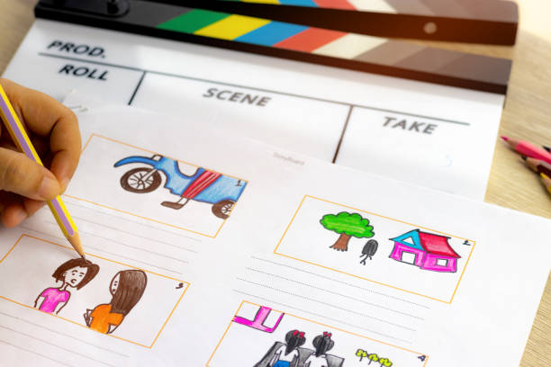 istock Storyboard drawing with pencil creative sketch cartoon. Storyboarding is process image displayed in sequence for purpose of pre-visualizing motion picture, interactive media. Concept sketching ideas. 1176452314