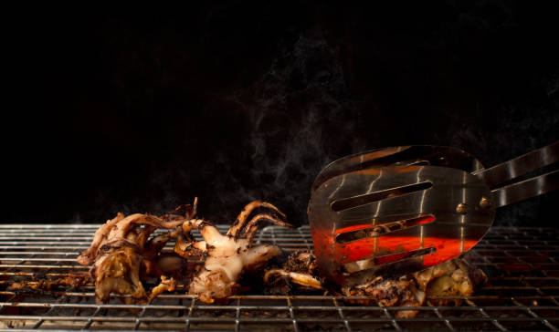 Grilled octopus with smoke on metal grill