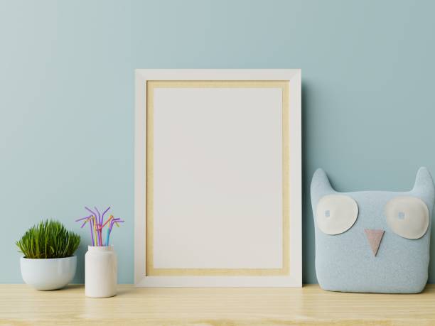 istock Mock up posters in child room interior, posters on empty blue wall background. 1176455824
