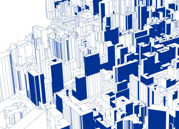 블루 스케치 스타일 이 전망 현대 도시 건축 포스터 - architectural background 일러스트 stock illustrations