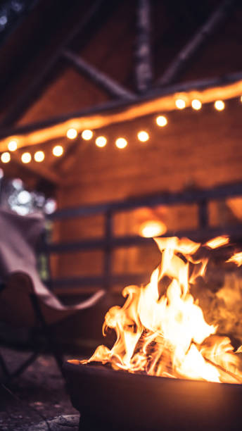 istock Late evening campfire in front of a wood cabin 1176455998