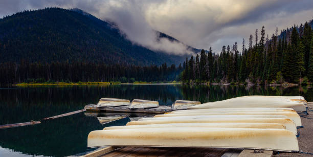 istock Canoes rest on dock by lake on an early cloudy morning 1176456869