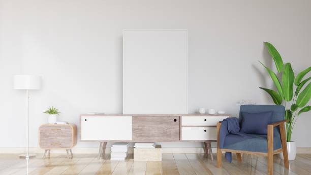 istock Modern interior with poster and armchair,decoration composition on cabinet. 1176456947