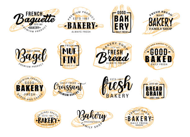 Bread products icons with lettering. Bakery signs Bread and bakery products for dessert icons with lettering. Bagel and muffin, croissant and baguette silhouettes with signs for pastry food shop. Food of dough and flour badges vector isolated bread bakery baguette french culture stock illustrations