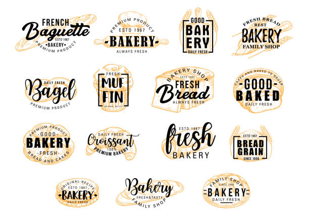 Bread products icons with lettering. Bakery signs Bread and bakery products for dessert icons with lettering. Bagel and muffin, croissant and baguette silhouettes with signs for pastry food shop. Food of dough and flour badges vector isolated rolling dough stock illustrations