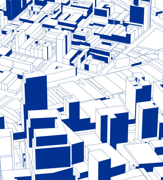 синий современный городской эскиз здания плакат фон - single line urban scene outdoors vertical stock illustrations