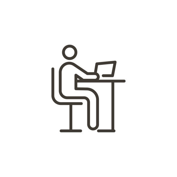 ilustrações de stock, clip art, desenhos animados e ícones de person using a computer. modern trendy vector thin line icon for studying, working, having online education or other concepts related with computer and internet usage. - usage