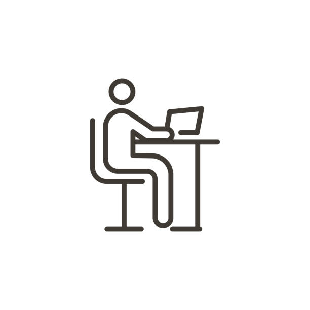 Person using a computer. Modern trendy vector thin line icon for studying, working, having online education or other concepts related with computer and internet usage. Vector eps10 desk symbols stock illustrations
