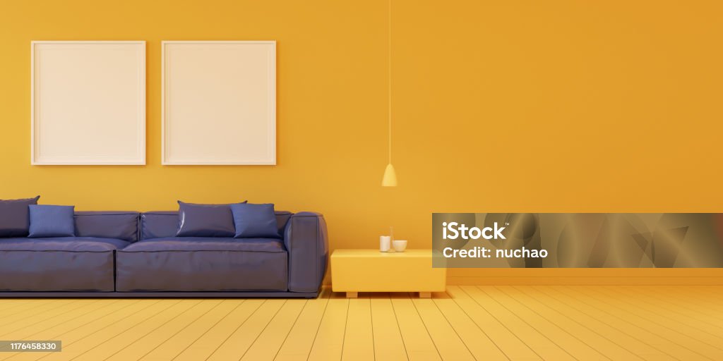 Mock up of blue sofa and yellow cabinet on yellow room,minimal concept,small living room,blank white picture frame. 3D rendering. Yellow Stock Photo