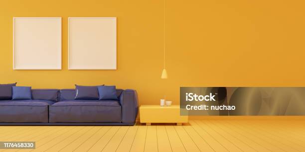 Mock Up Of Blue Sofa And Yellow Cabinet On Yellow Roomminimal Conceptsmall Living Roomblank White Picture Frame 3d Rendering Stock Photo - Download Image Now