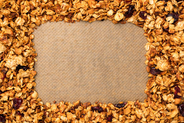Frame of homemade granola with copy space for text or design. Horizontal composition. Tasty breakfast cereals