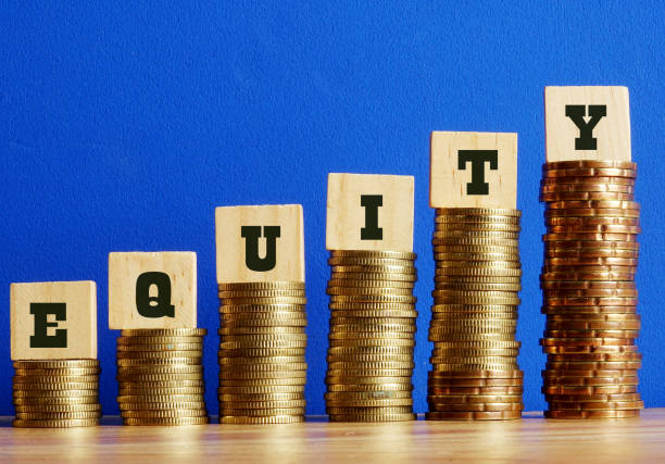 istock Equity text written on wooden block with stacked coins on blue background 1176466134
