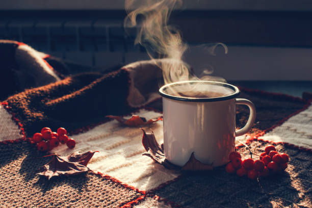 jesienna gorąca filiżanka kawy lub herbaty na parze. - breakfast cup coffee hot drink zdjęcia i obrazy z banku zdjęć