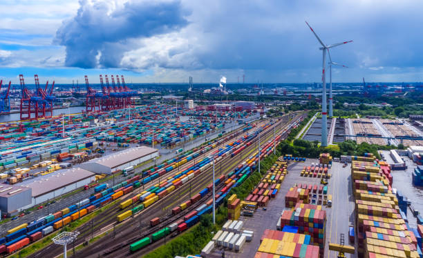 Panorama aerial view harbor Hamburg container Panorama aerial view harbor Hamburg container hamburg germany photos stock pictures, royalty-free photos & images