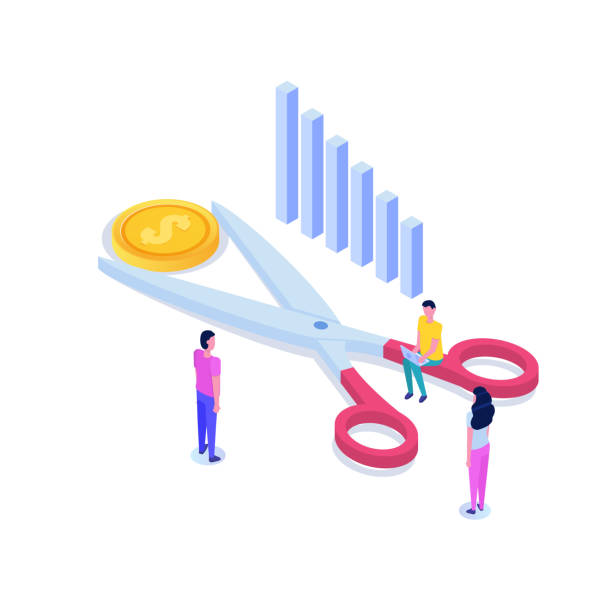Scissors cutting dollar coin isometric concept.  Sale, Discounts symbol. Cost reduction or cut price. Vector illustration. vector art illustration