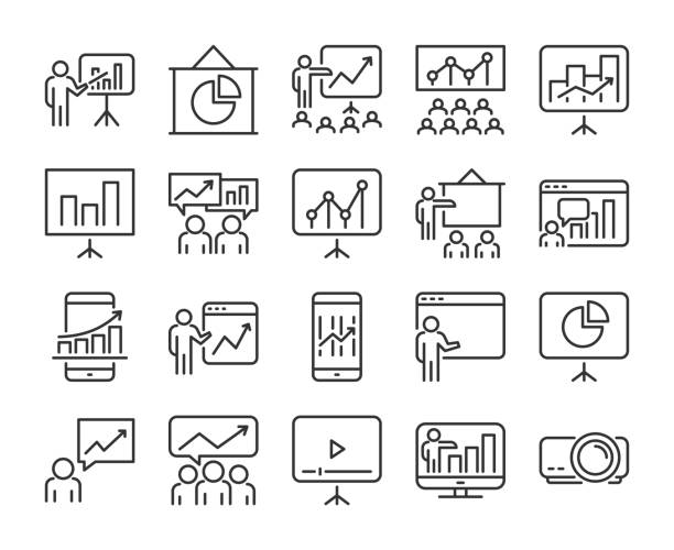 illustrations, cliparts, dessins animés et icônes de 20 icônes d'affaires. ensemble d'icônes de ligne de présentation d'entreprise. illustration de vecteur. - diaporama