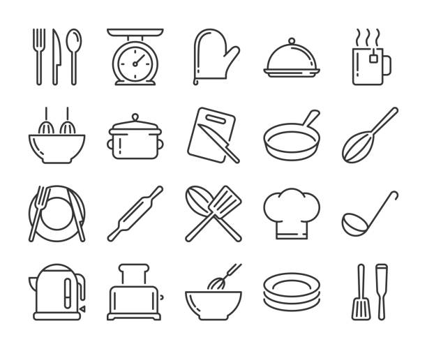 ilustraciones, imágenes clip art, dibujos animados e iconos de stock de 20 iconos culinarios. conjunto de iconos de cocina y línea de cocina. ilustración vectorial. - cooking clothing foods and drinks equipment