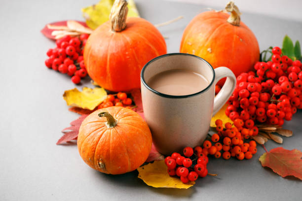 istock Autumn Thanksgiving halloween composition Background with copy space. Flat lay. Apple, berries, pumpkins, autumn leaves, hot cocoa mug. Seasonal fall mood decor 1176474573