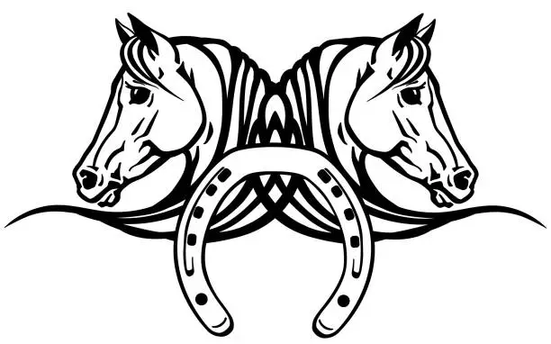 Vector illustration of two white heads of horses with shoe