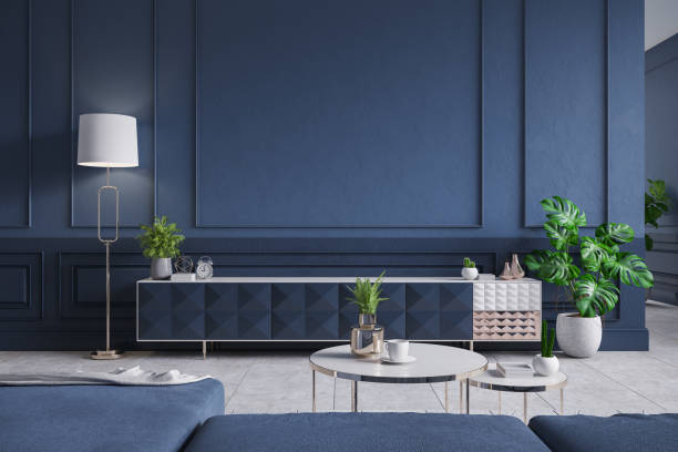 Modern Interior Of Living Roomblue Tv Cabinet With Sofa Dark Blue Wall And  Concrete Gray Tile Floor3d Rendering Stock Photo - Download Image Now -  iStock