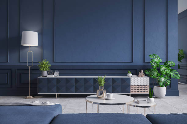 Modern interior of living room,blue Tv cabinet with  sofa , dark blue wall and Concrete Gray tile floor,3d rendering Modern interior of living room,blue Tv cabinet with  sofa , dark blue wall and Concrete Gray tile floor,3d rendering blue interiors stock pictures, royalty-free photos & images