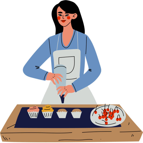 ilustrações de stock, clip art, desenhos animados e ícones de girl baking and decorating cupcakes, young woman cooking in the kitchen vector illustration - bakery women cake cupcake