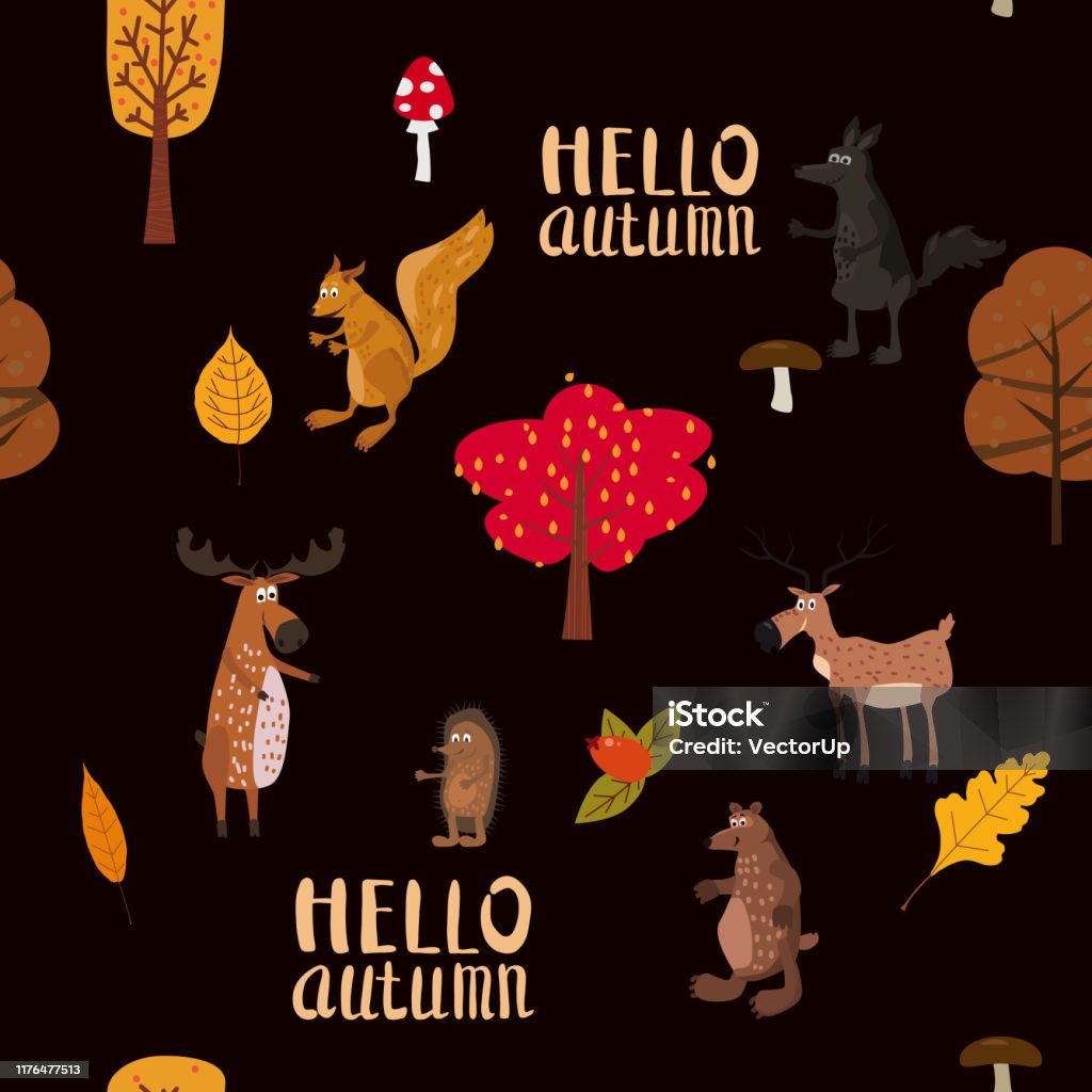 Autumn Animals Lettering Autumn Forest Cute Animals Seamless Pattern With Trees Leaves Hello ...