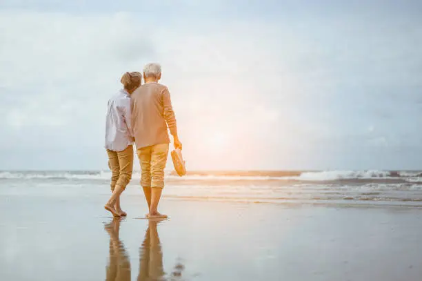 Photo of Senior couple walking on the beach holding hands at sunset, plan life insurance at retirement concept.