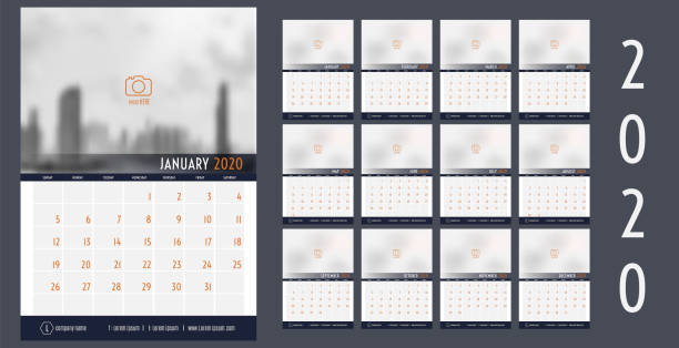 Vector 2020 new year calendar planner template table simple style navy blue and orange,Holiday event planner,Week Starts Sunday.12 month layout annual calendar Vector 2020 new year calendar planner template table simple style navy blue and orange,Holiday event planner,Week Starts Sunday.12 month layout annual calendar calendar photos stock illustrations