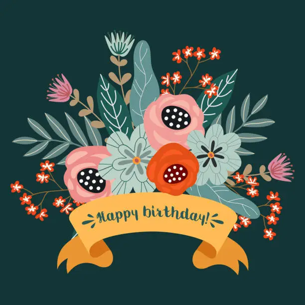 Vector illustration of Happe birthday, Floral hand draw design concept, Bouquet of Flowers and ribbon with text, vector