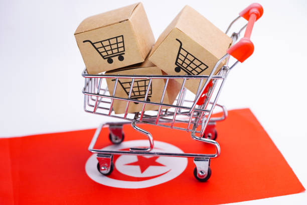 box with shopping cart logo and tunisia flag : import export shopping online or ecommerce finance delivery service store product shipping, trade, supplier concept. - australia tunisia imagens e fotografias de stock