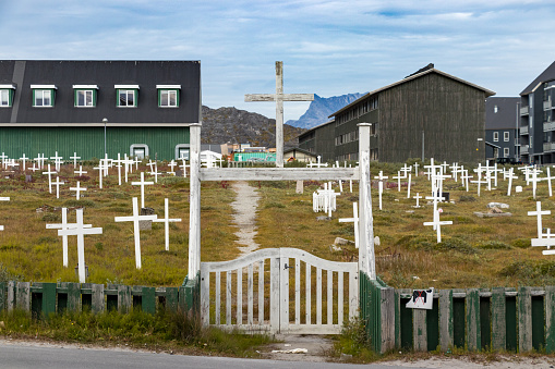 Nuuk, Greenland - August 16, 2019: Entrance of the Nuuk cemetery on Aqqusinersuaq street, Greenland.