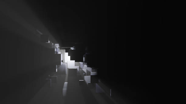 istock Abstract background of boxes, light rays and fog 1176482202