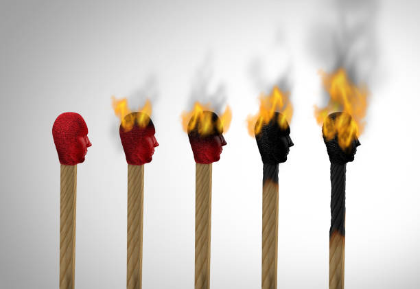 Concept Of Burnout Concept of burnout or career burn out and business stress overworked and burnt from exhaustion as a match icon of an employee exhausted as a work or life concept for overloaded workers as a 3D illustration. burnout stock pictures, royalty-free photos & images