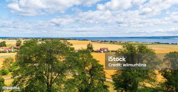 Lake Vattern Jönköping Sweden Seen From The Church Tower Of Kumlaby Visingsö Landscape And Farmland View In Summer Stock Photo - Download Image Now